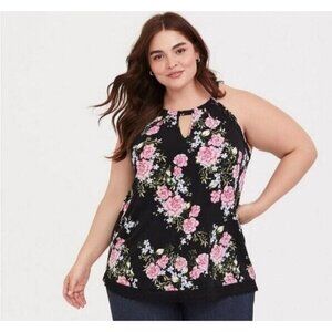 Torrid Top Size 2  (18/20) Sleeveless Black Pink Floral Rose Print Lace Hem